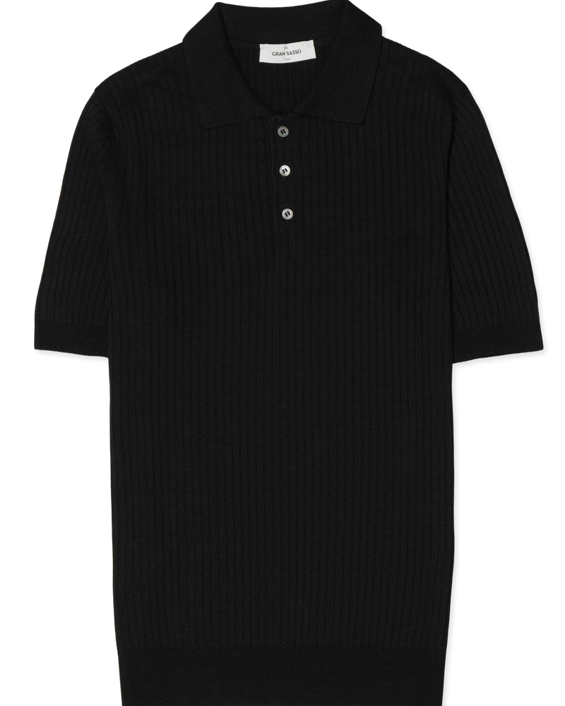 Gran Sasso Polo Shirt Linen Cotton Ribbed Black
