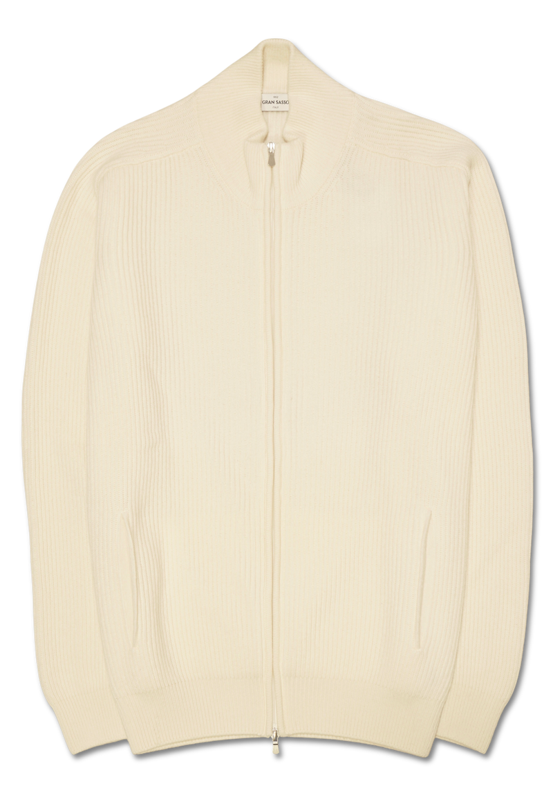 Gran Sasso Wool Cashmere Rib Full Zip Ecru