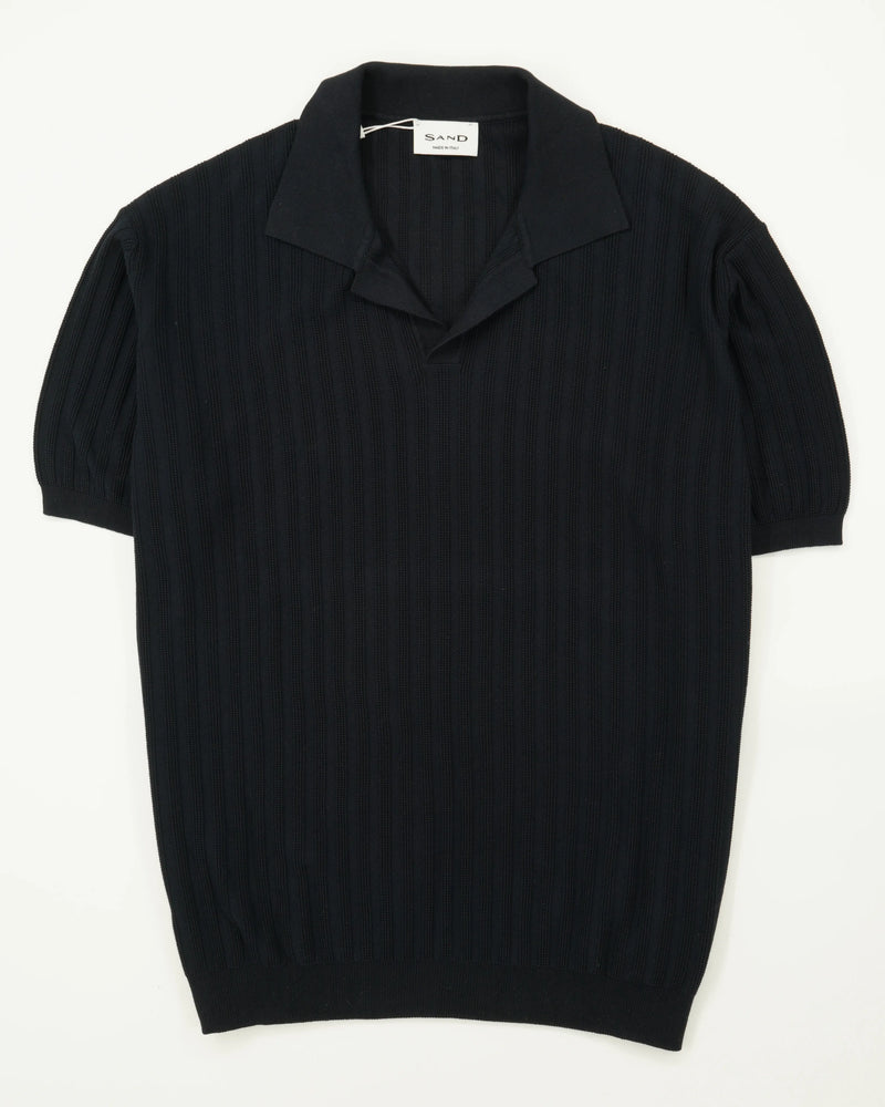 Sand Polo Shirt Pure Cotton Ribbed Navy