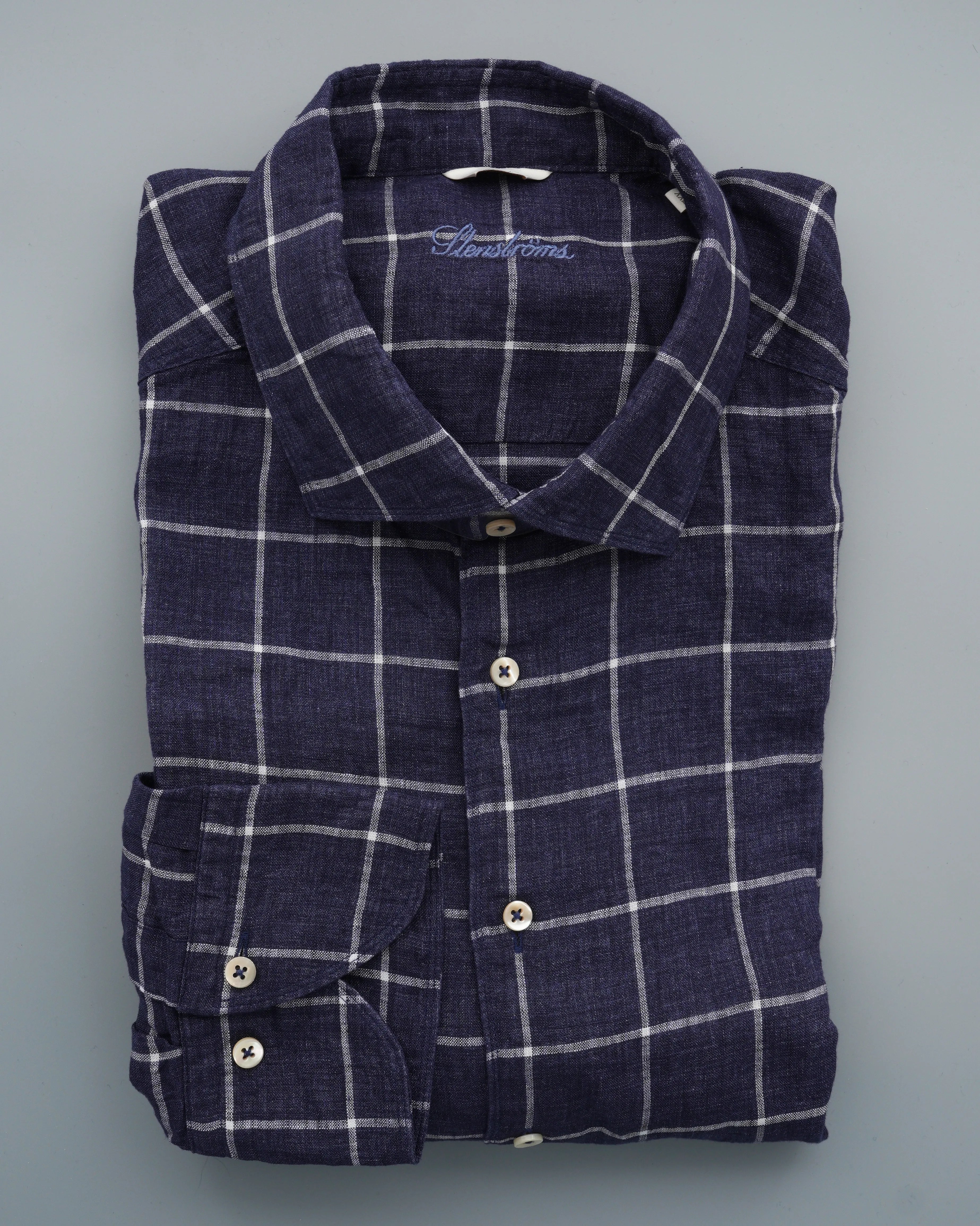 Stenströms Shirt Pure Linen Slim Fit Check Navy