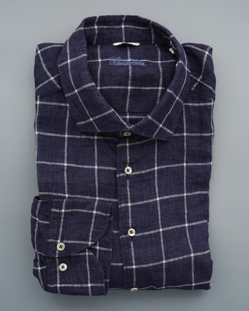 Stenströms Shirt Pure Linen Slim Fit Check Navy