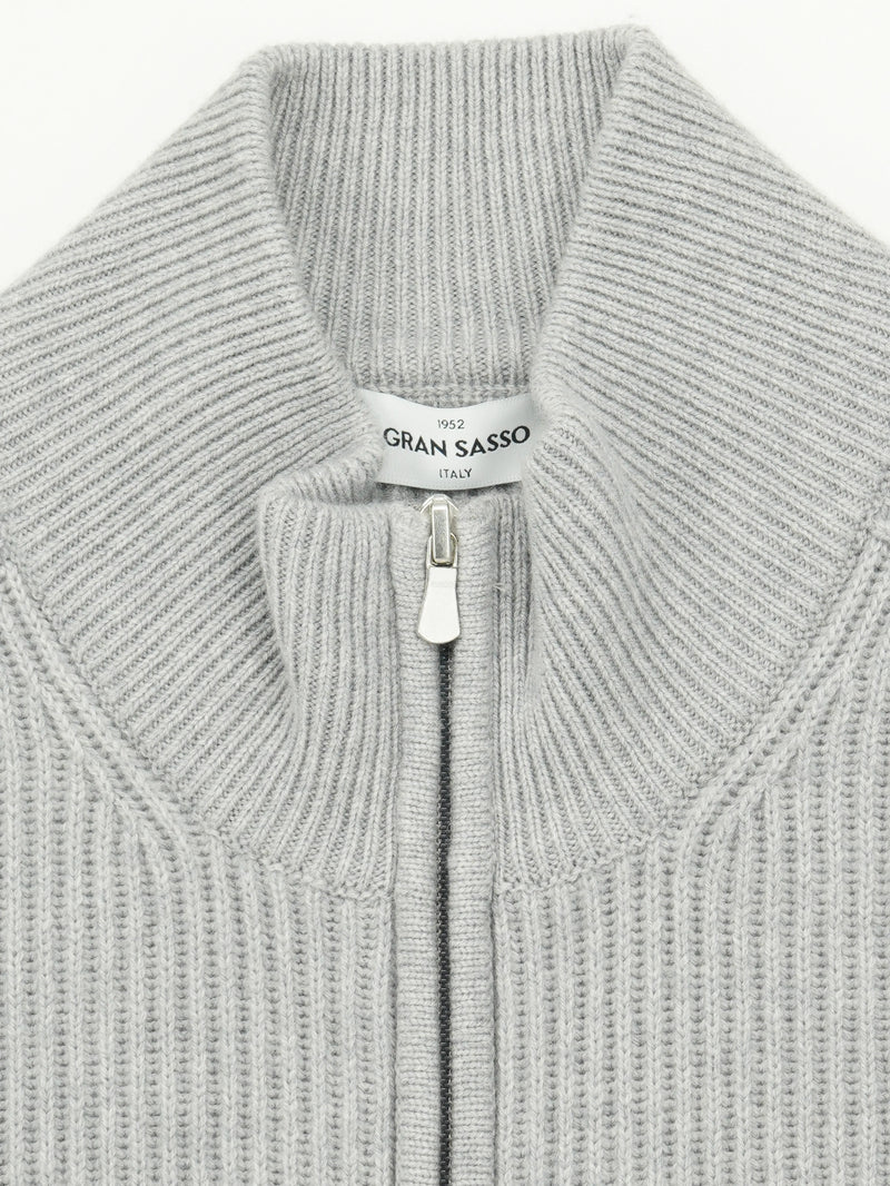 Gran Sasso Full Zip Wool Cashmere Rib Medium Grey