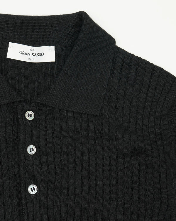 Gran Sasso Polo Shirt Linen Cotton Ribbed Black