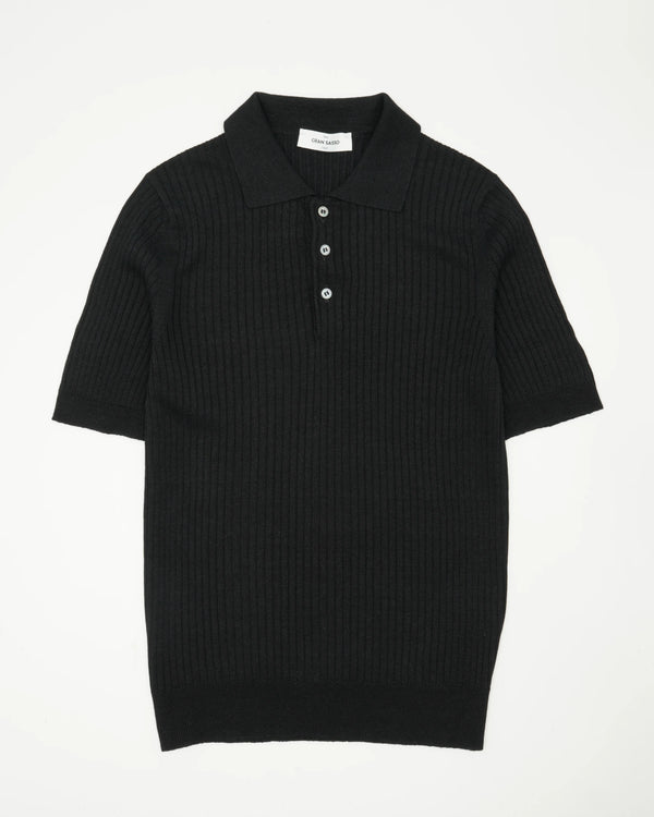 Gran Sasso Polo Shirt Linen Cotton Ribbed Black