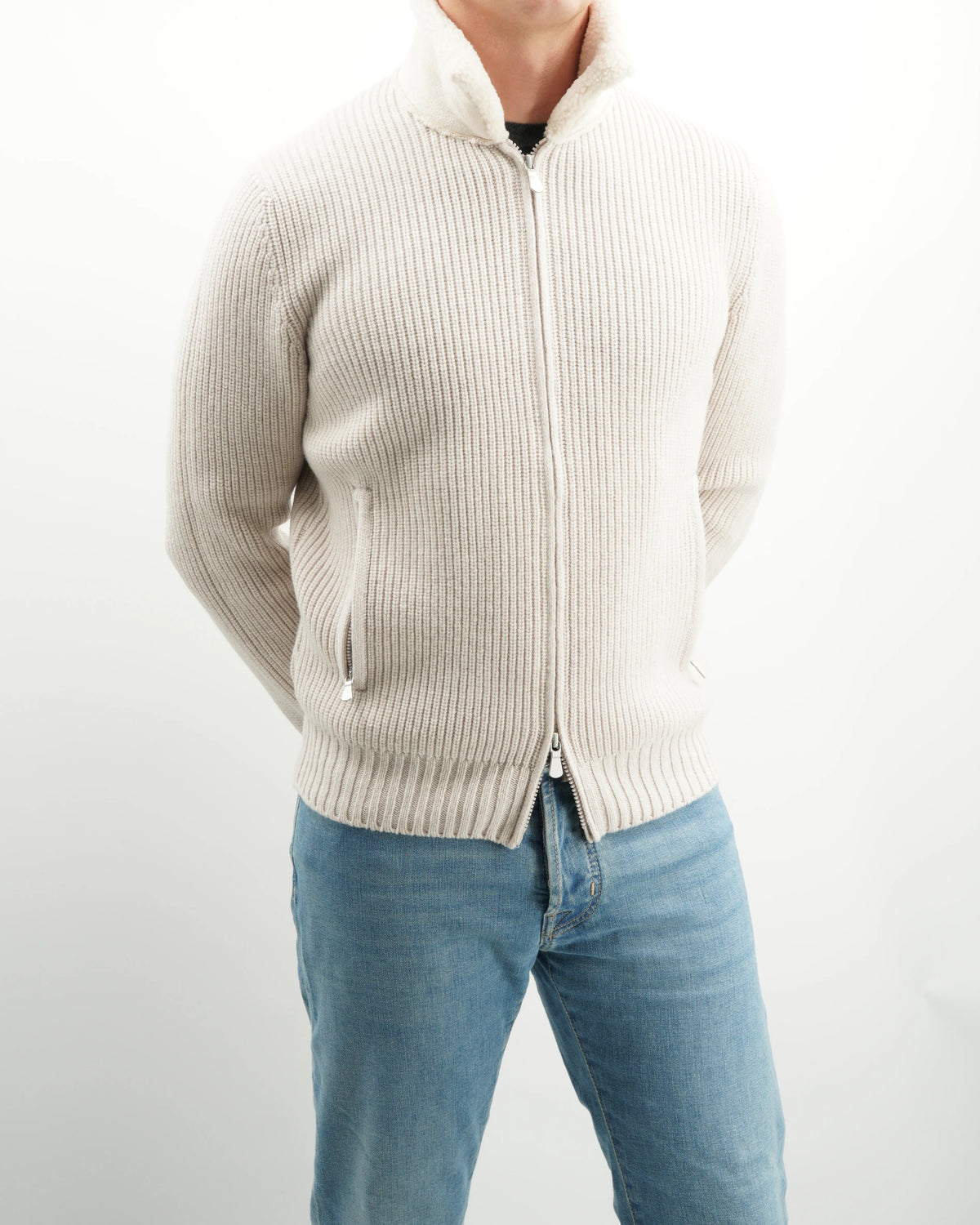Gran Sasso Knitted Bomber Fur Collar Light Beige