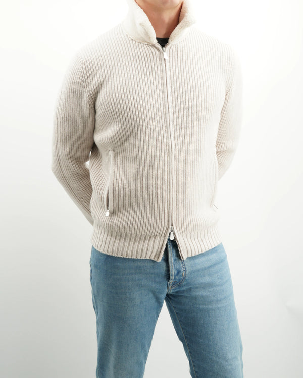 Gran Sasso Knitted Bomber Fur Collar Light Beige