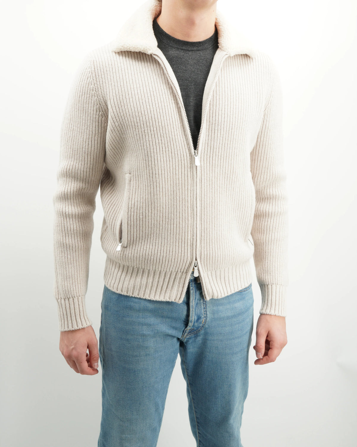Gran Sasso Knitted Bomber Fur Collar Light Beige